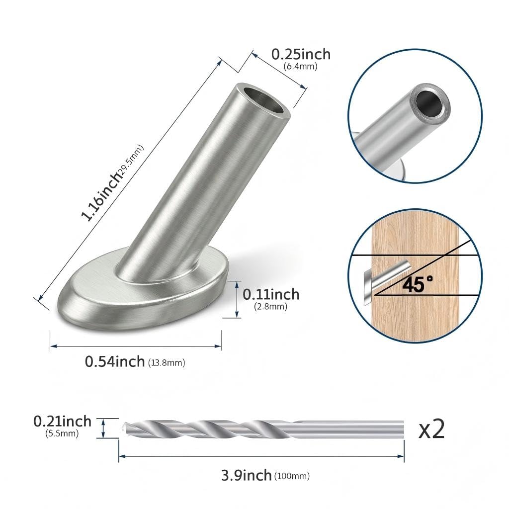Technical dimension diagram of a silver T316 stainless steel angled protective sleeve, highlighting its specifications for routing wire rope smoothly through wooden stair posts.