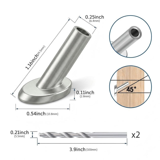 Technical dimension diagram of a silver T316 stainless steel angled protective sleeve, highlighting its specifications for routing wire rope smoothly through wooden stair posts.