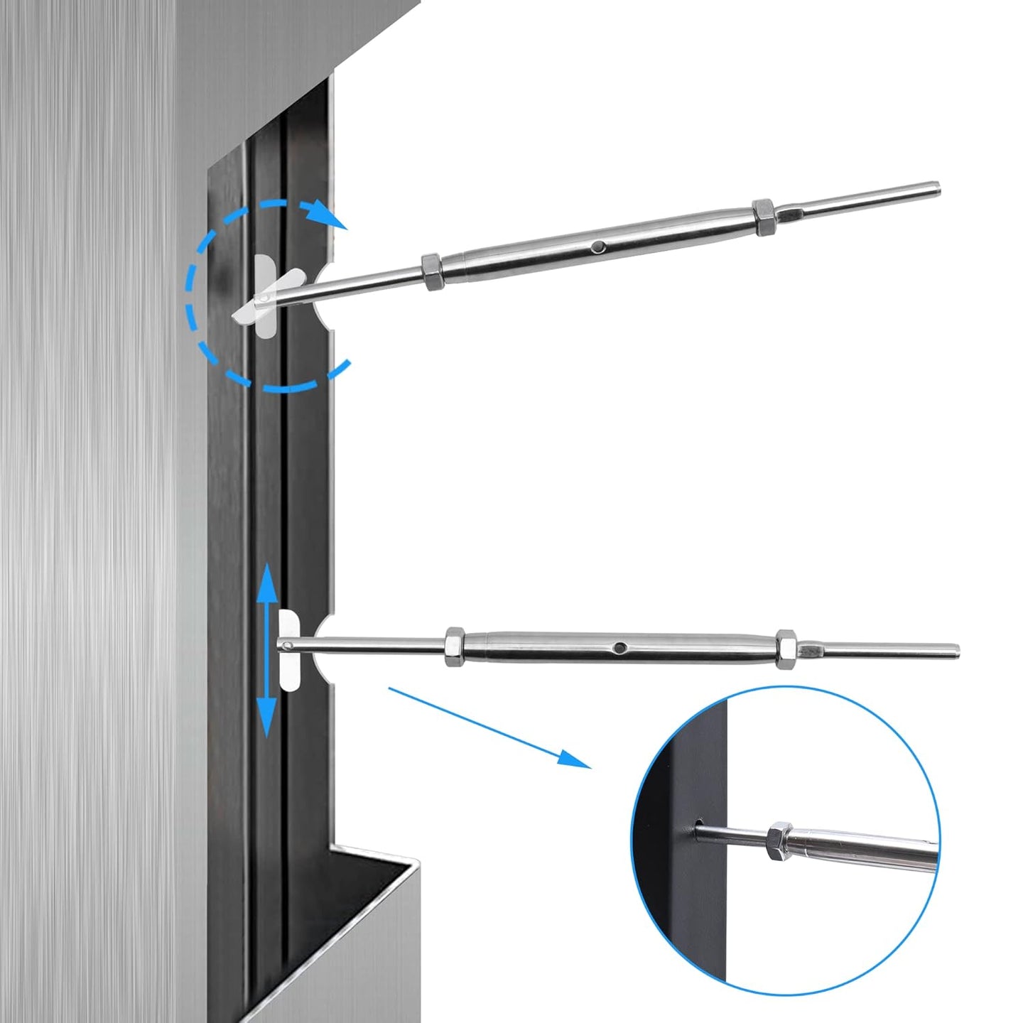 Surface mounting silver blade toggle tensioner vertically on a metal post