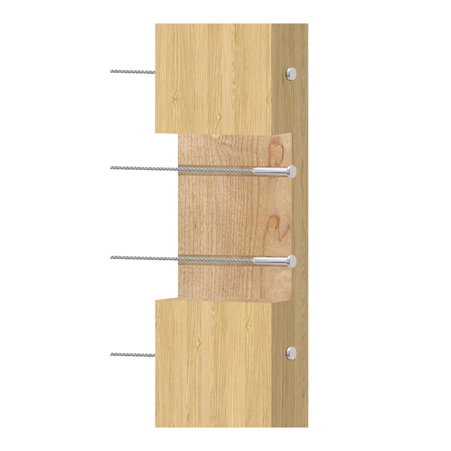 Cross section showing silver invisible fixed end terminal hidden inside a wood post
