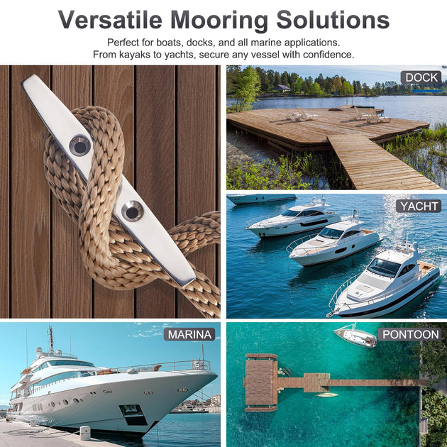 A four-grid collage showcasing versatile applications for silver folding boat cleats, seamlessly installed on luxury yacht decks and wooden marina docks.