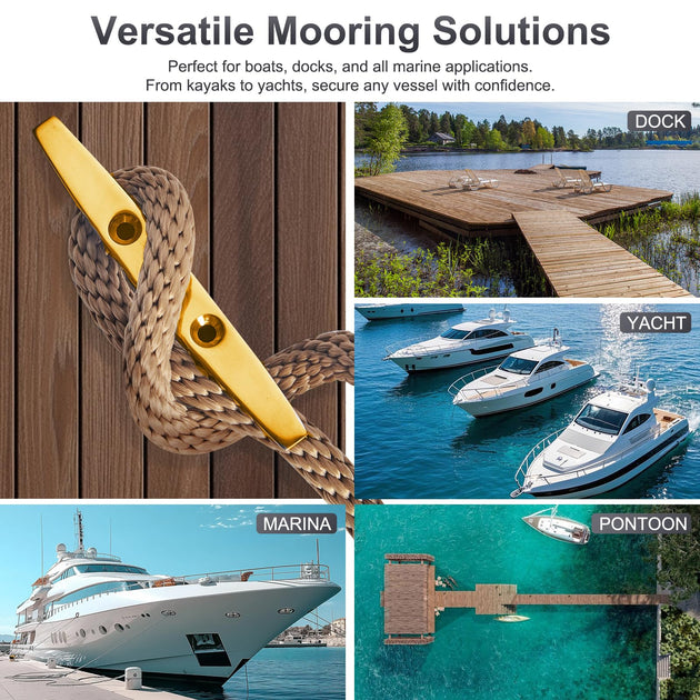 A four-grid collage showcasing versatile applications for silver folding boat cleats, seamlessly installed on luxury yacht decks and wooden marina docks.