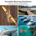 A four-grid collage showcasing versatile applications for silver folding boat cleats, seamlessly installed on luxury yacht decks and wooden marina docks.