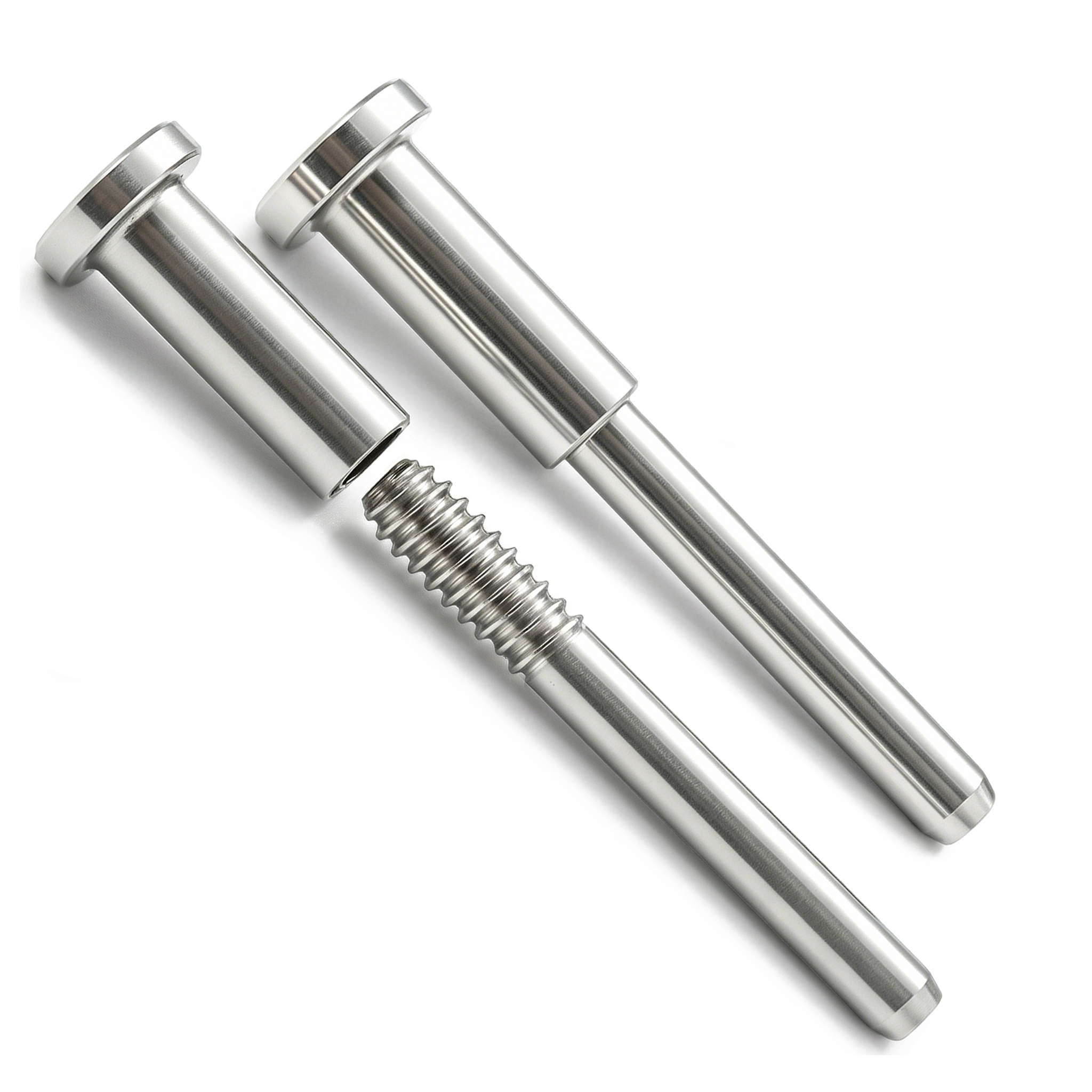 Close-up of the silver invisible cable railing kit, featuring a T316 stainless steel hidden receiver and threaded swage stud end for 1/8 inch wire rope.