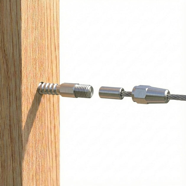 Silver invisible swage terminal hidden completely inside a wood post