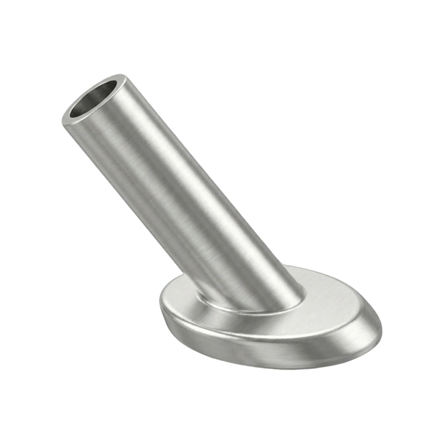 Studio isolated shot of a silver T316 stainless steel angled protective sleeve, an essential hardware fitting for preventing wire rope friction on wooden stair posts.