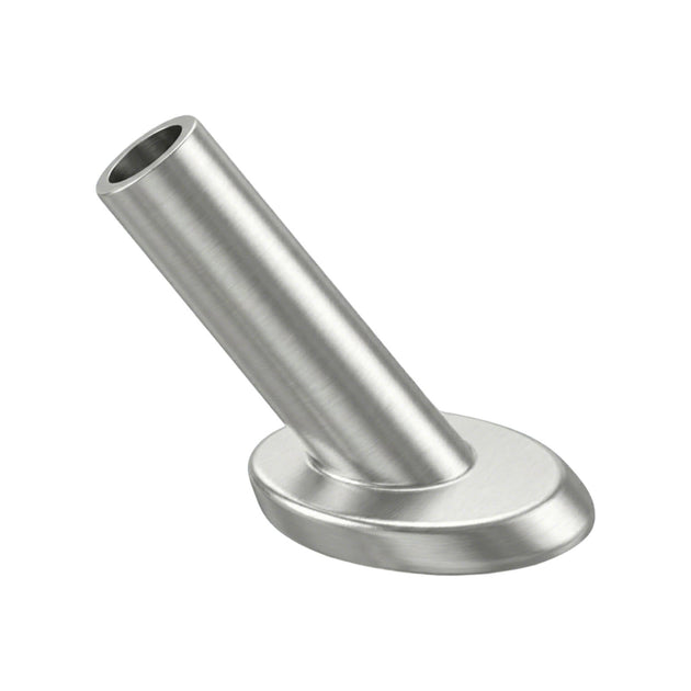 Studio isolated shot of a silver T316 stainless steel angled protective sleeve, an essential hardware fitting for preventing wire rope friction on wooden stair posts.