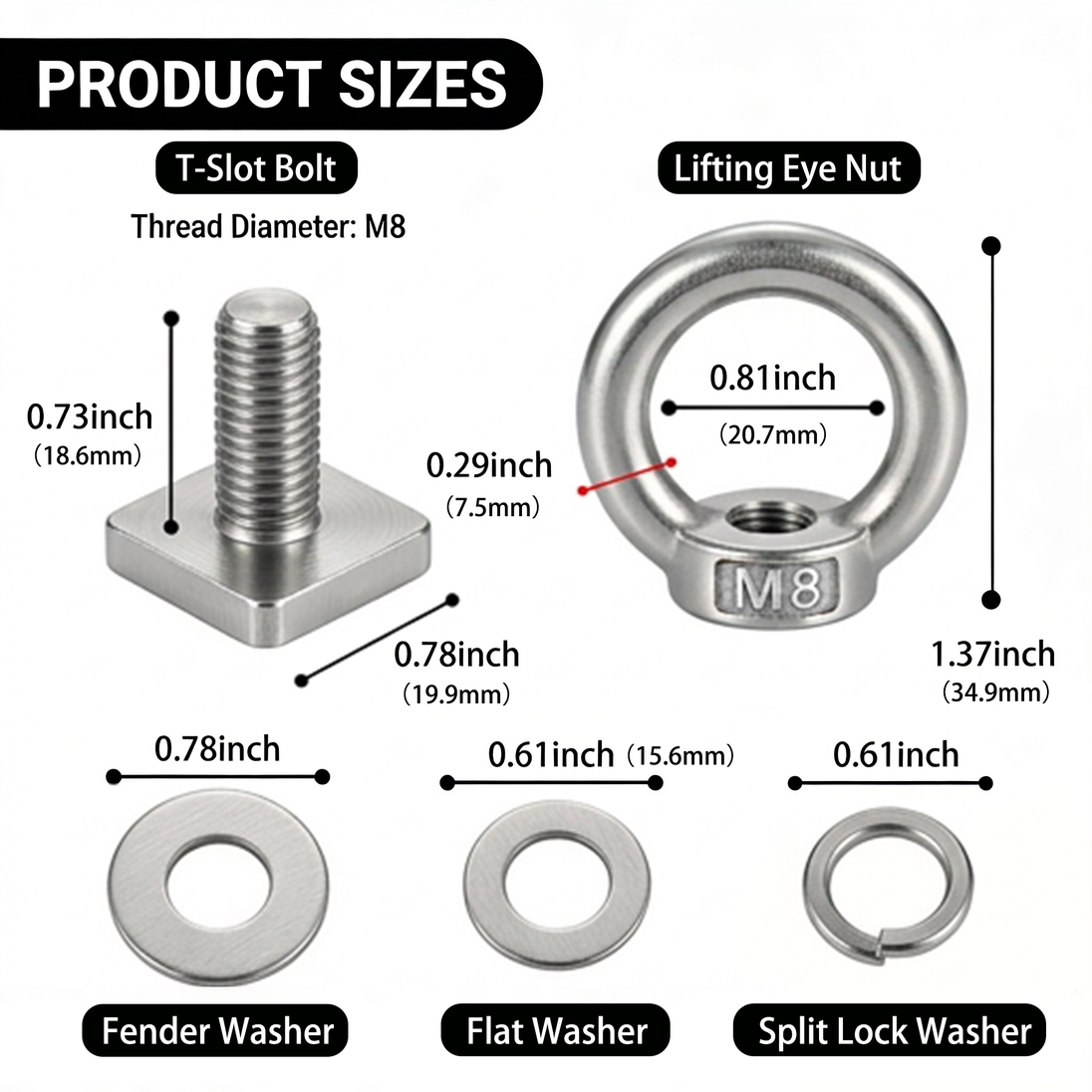 Detailed dimensions of the silver 304 stainless steel M8 T-bolt and lifting eye ring.