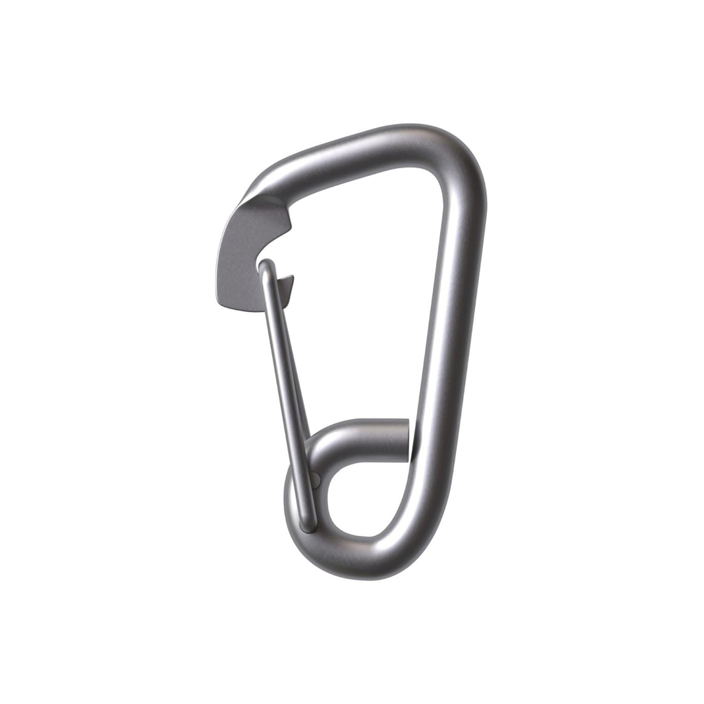 Premium silver marine-grade stainless steel spring snap hook carabiner, providing a quick and highly secure attachment for outdoor rigging.