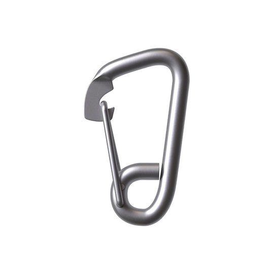 Premium silver marine-grade stainless steel spring snap hook carabiner, providing a quick and highly secure attachment for outdoor rigging.