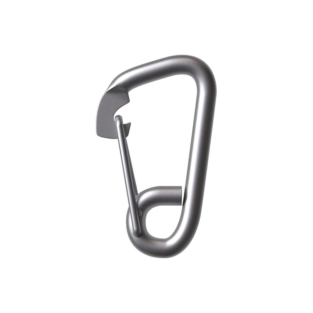 Premium silver marine-grade stainless steel spring snap hook carabiner, providing a quick and highly secure attachment for outdoor rigging.
