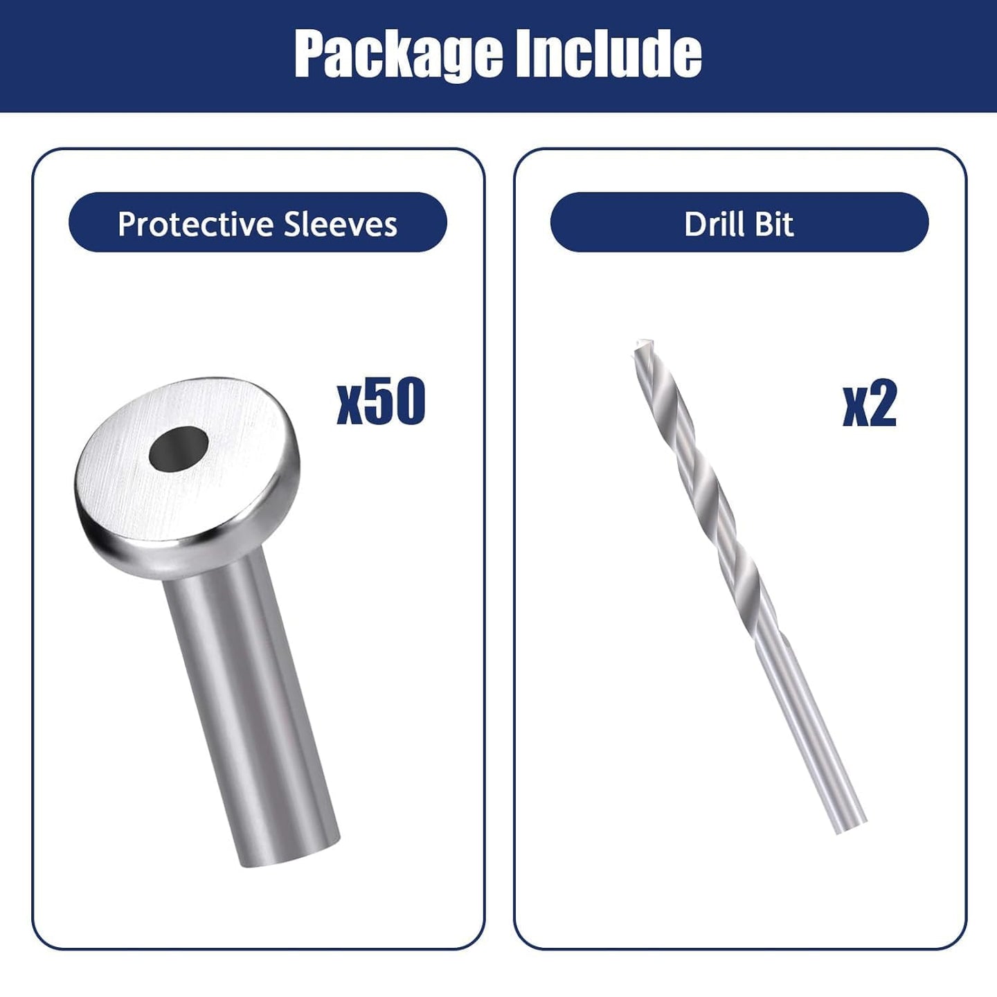 Product inclusion graphic showing a silver stainless steel straight protective sleeve and a matching wood drill bit, essential for cable railing hole preparation.