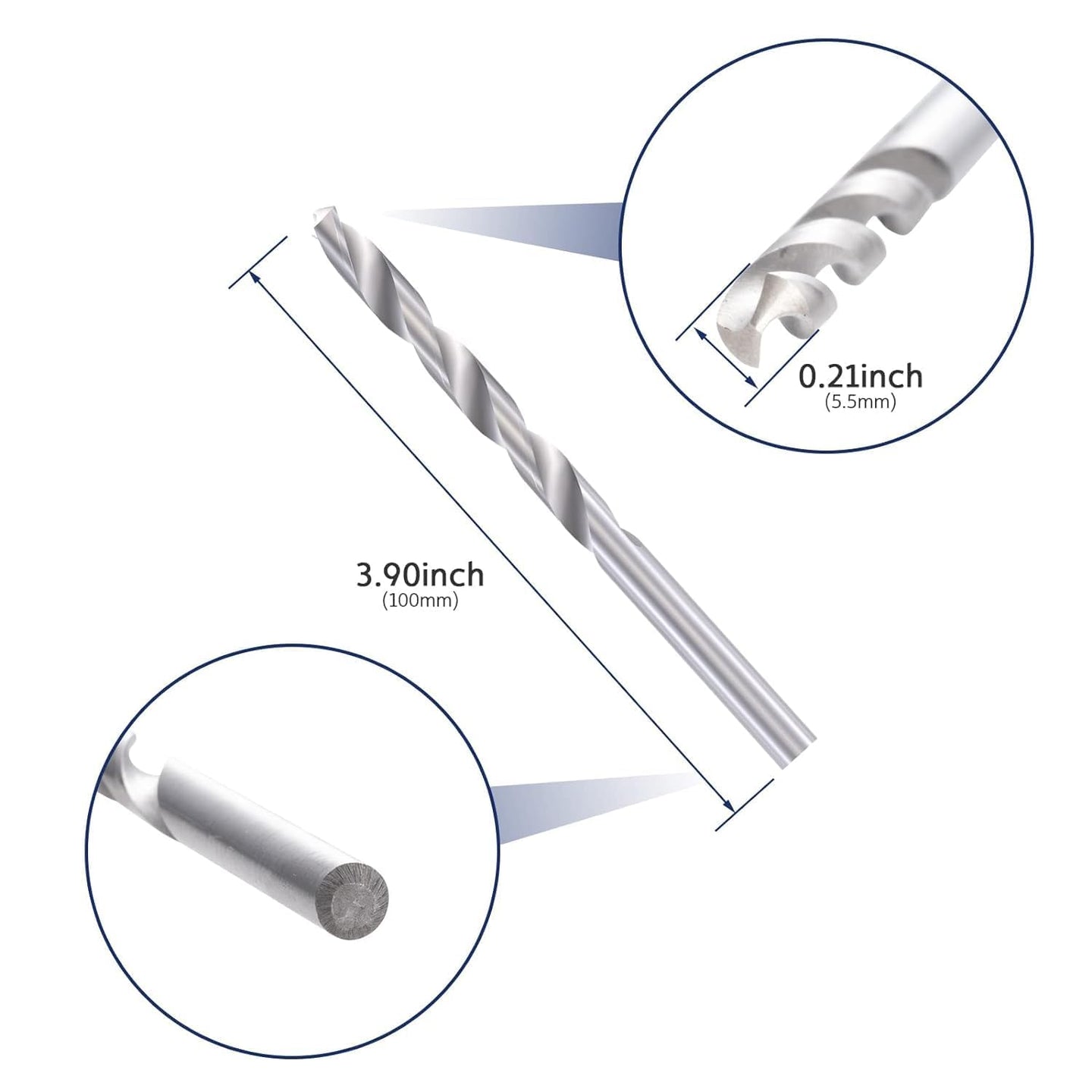 Product inclusion graphic showing a silver stainless steel straight protective sleeve and a matching wood drill bit, essential for cable railing hole preparation.