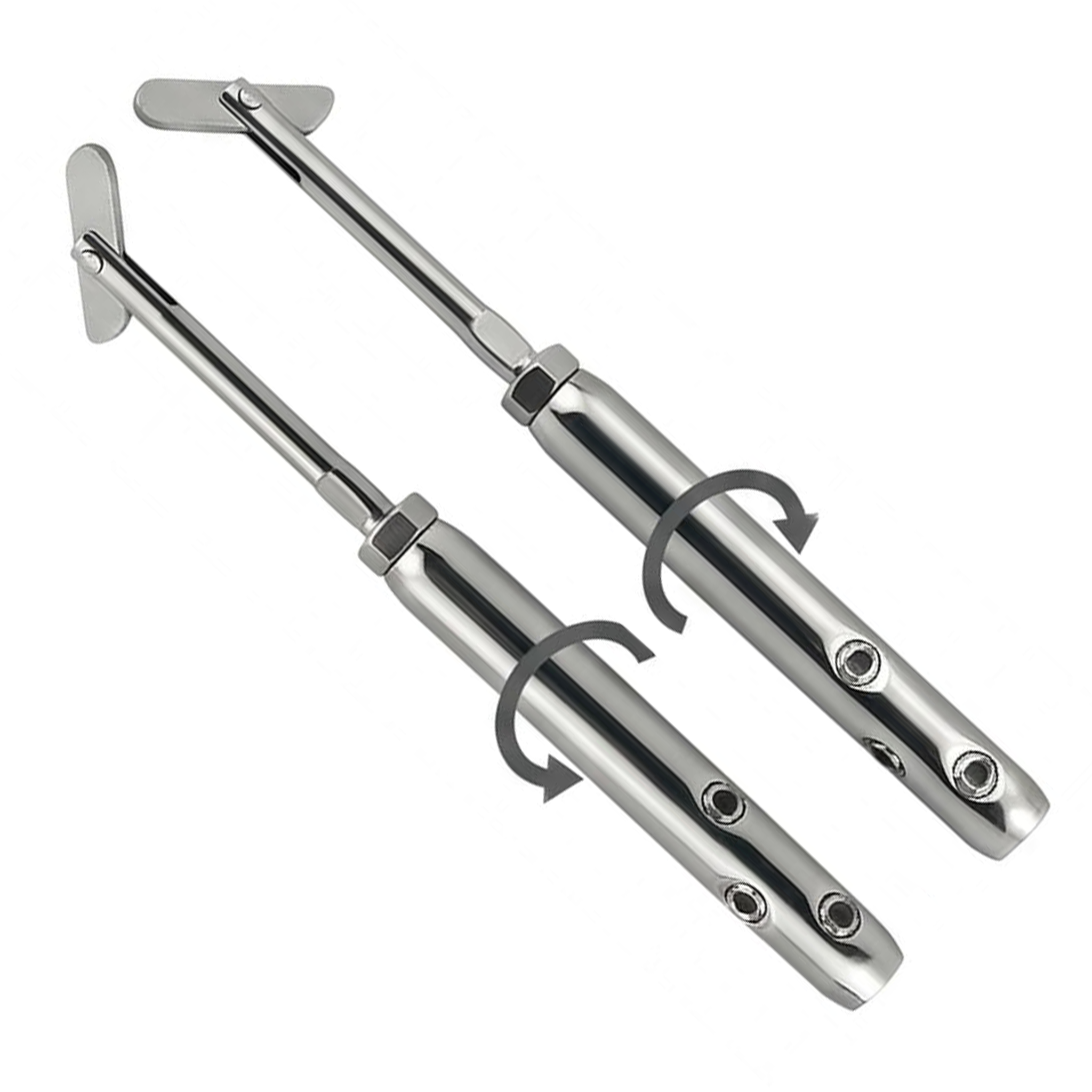 Close-up of two silver swageless toggle turnbuckles for cable railing systems. Features rotation arrows for easy tensioning and set screws for securing 1/8 inch wire rope without crimping tools.