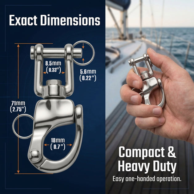 Exact dimensions and hand-held view of the RiaYer silver quick release snap shackle.