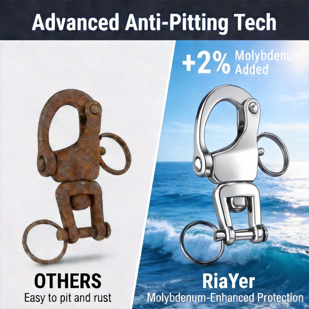 Advanced anti-pitting tech of RiaYer silver T316 stainless steel shackle showing superior rust resistance.