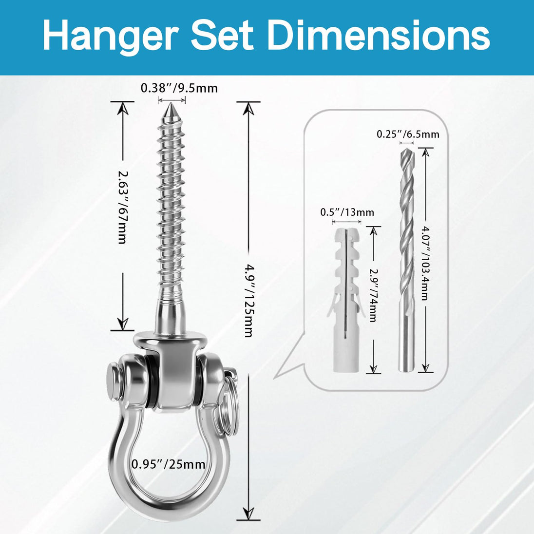 	Detailed dimensions and drill bit size chart for the RiaYer single screw swing hanger.