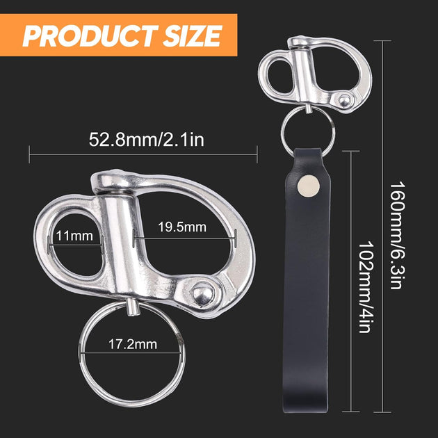 Detailed dimensions and size chart for RiaYer quick release snap shackle with leather handle.