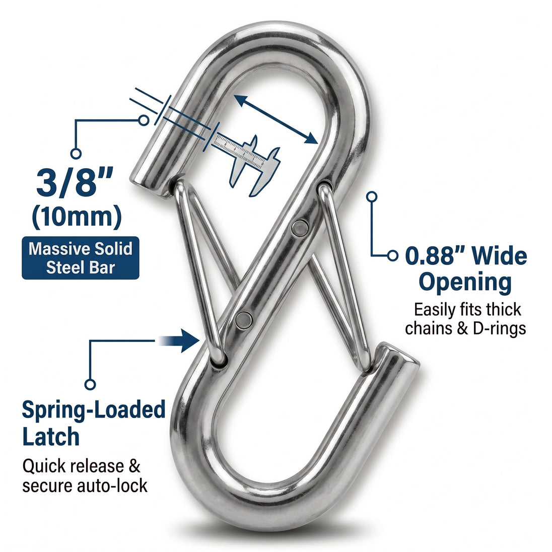 Detailed view of spring-loaded latch and 0.88 inch opening of 2000 lbs WLL heavy duty safety hook