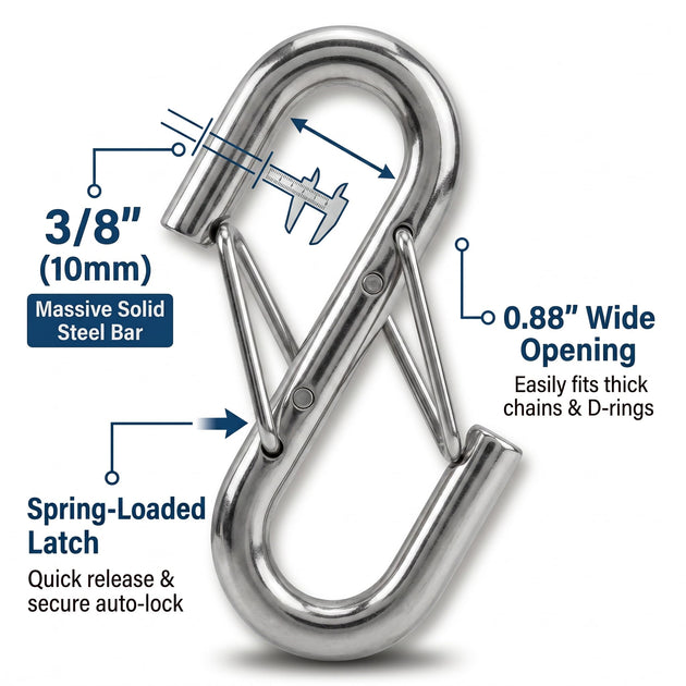 Detailed view of spring-loaded latch and 0.88 inch opening of 2000 lbs WLL heavy duty safety hook