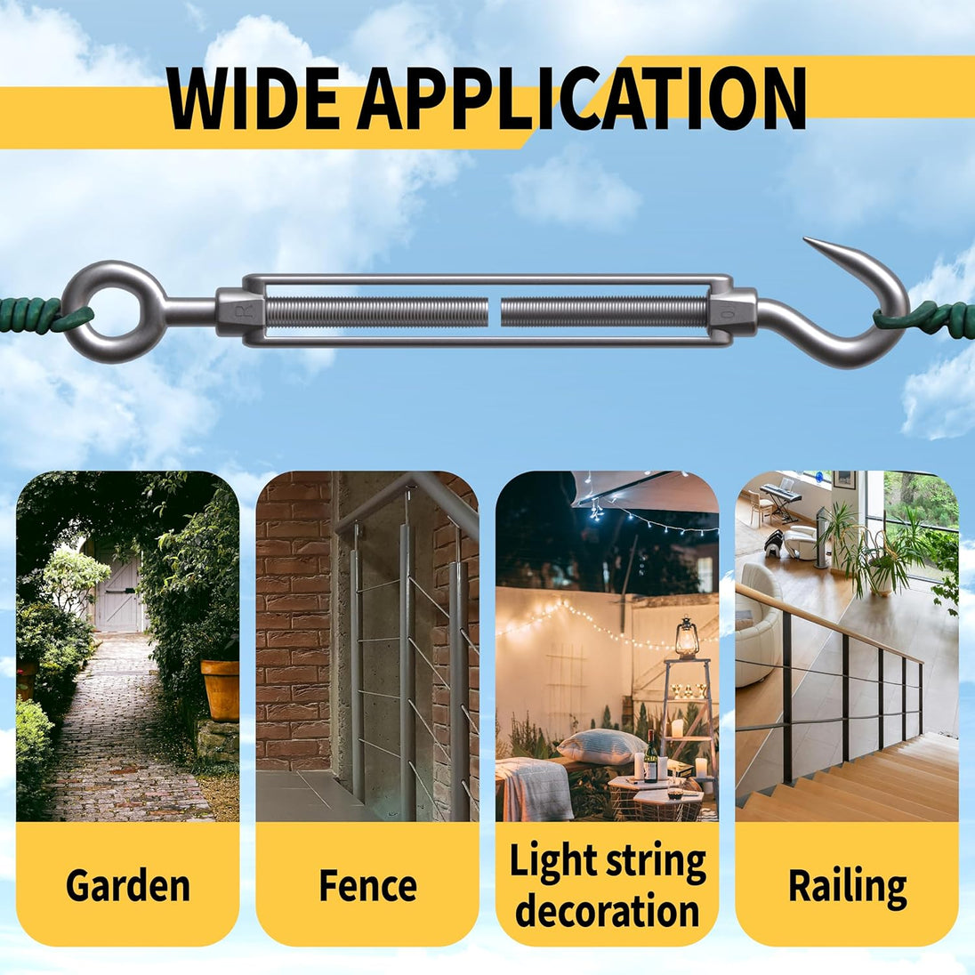 A 4-panel photo collage highlighting versatile stainless cable tensioning applications in residential gardens, security fencing, and outdoor string lighting.