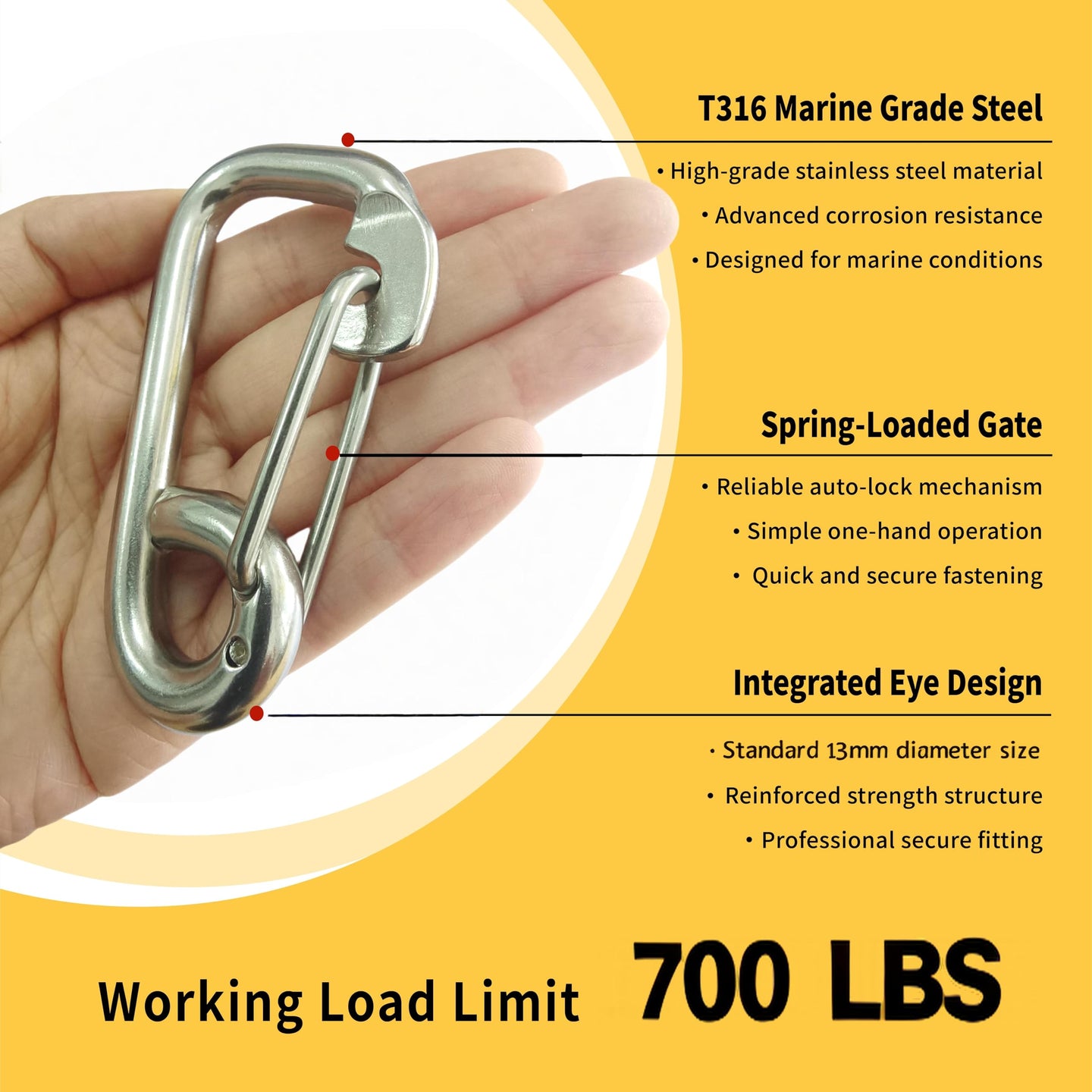 Hands holding a premium stainless steel snap hook, with graphics emphasizing its impressive 700 LBS safe weight limit for reliable lifting and securing.