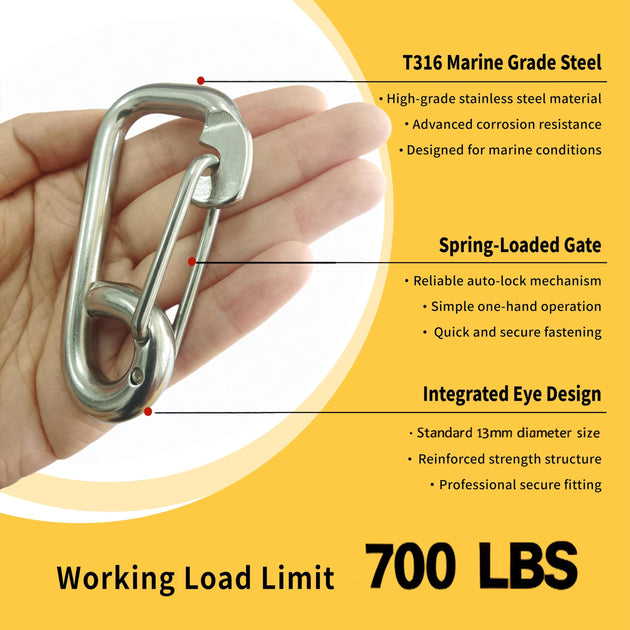 Hands holding a premium stainless steel snap hook, with graphics emphasizing its impressive 700 LBS safe weight limit for reliable lifting and securing.
