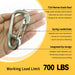 Hands holding a premium stainless steel snap hook, with graphics emphasizing its impressive 700 LBS safe weight limit for reliable lifting and securing.