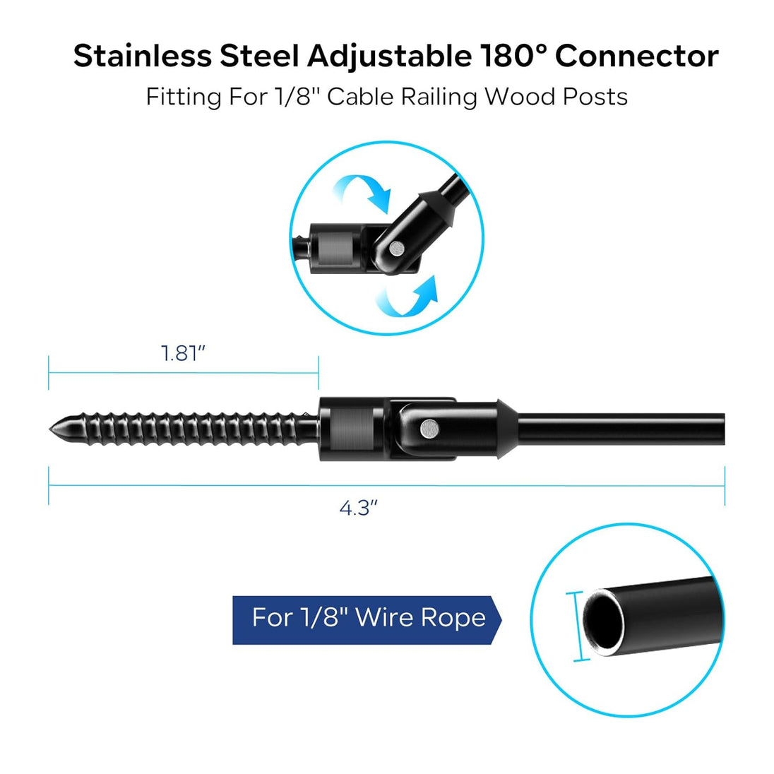 Dimensions of the stainless steel adjustable 180 degree connector for 1/8 inch cable railing.