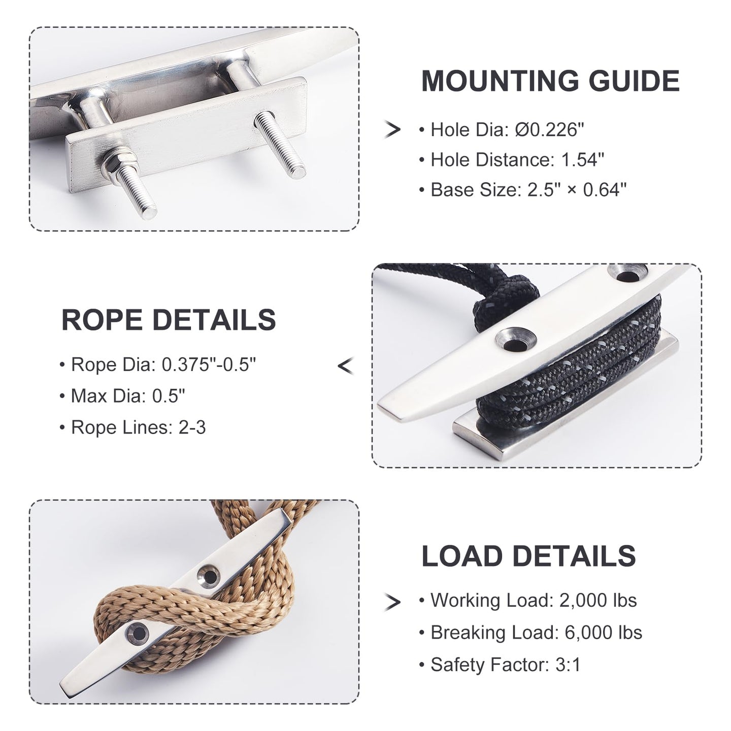 Stainless steel boat cleat including all mounting bolts and hardware