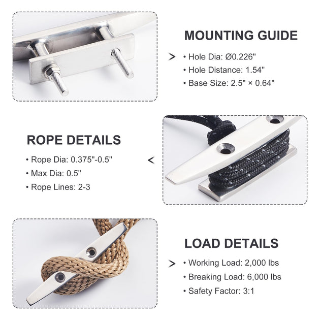 Stainless steel boat cleat including all mounting bolts and hardware