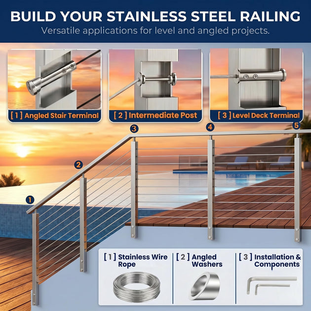 Complete stainless steel cable railing system diagram for outdoor decks and stairs