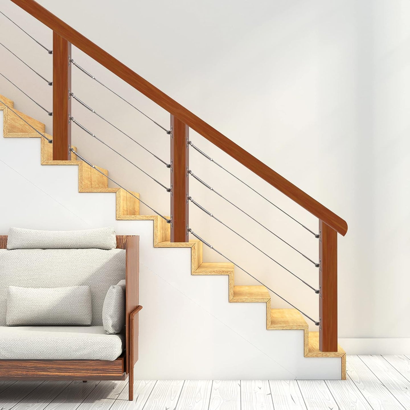 Modern indoor staircase featuring RiaYer stainless steel cable railing for a clean look.