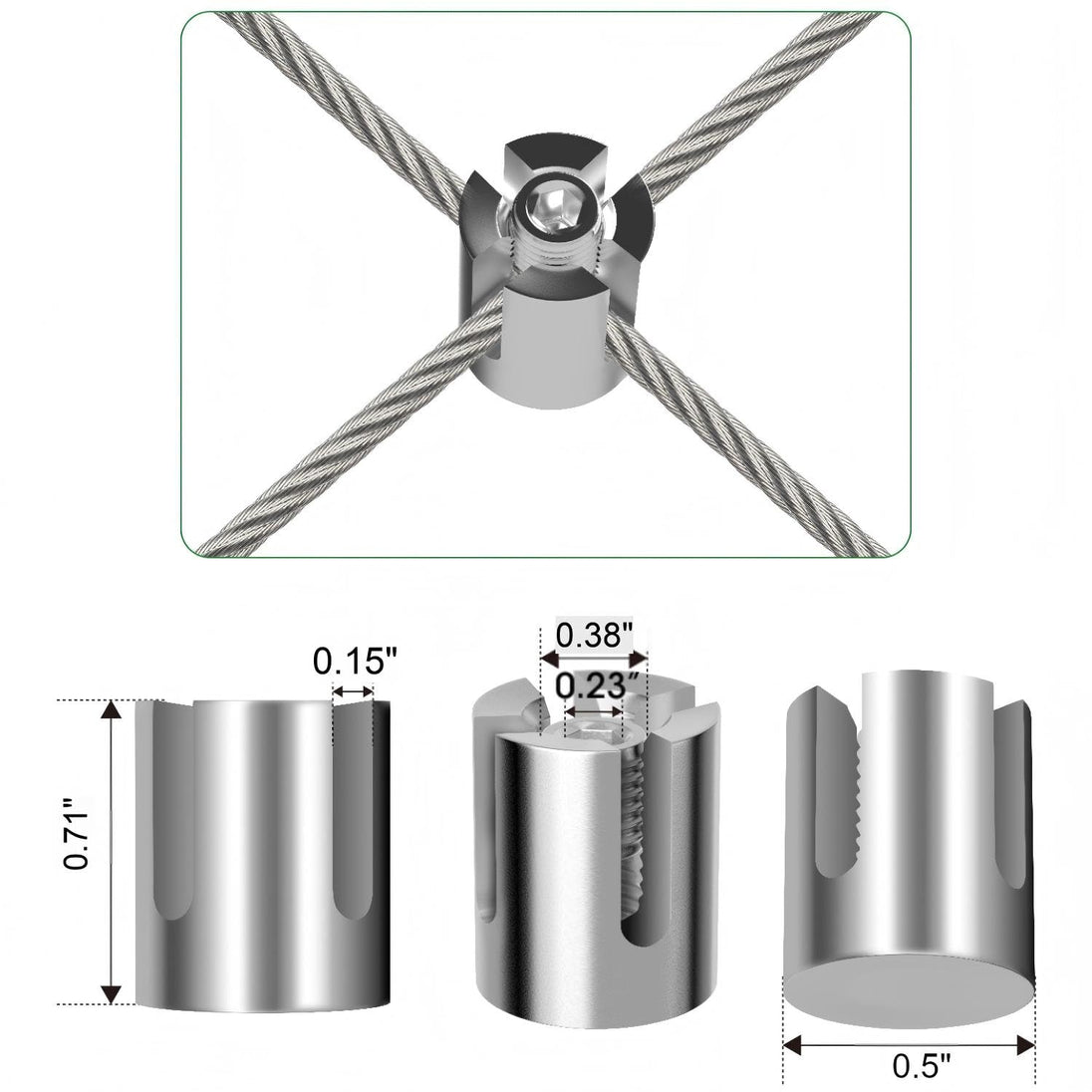 Detailed dimensions and internal structure of the RiaYer stainless steel wire rope cross clamp.