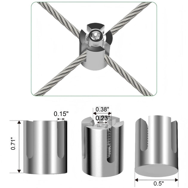 Detailed dimensions and internal structure of the RiaYer stainless steel wire rope cross clamp.