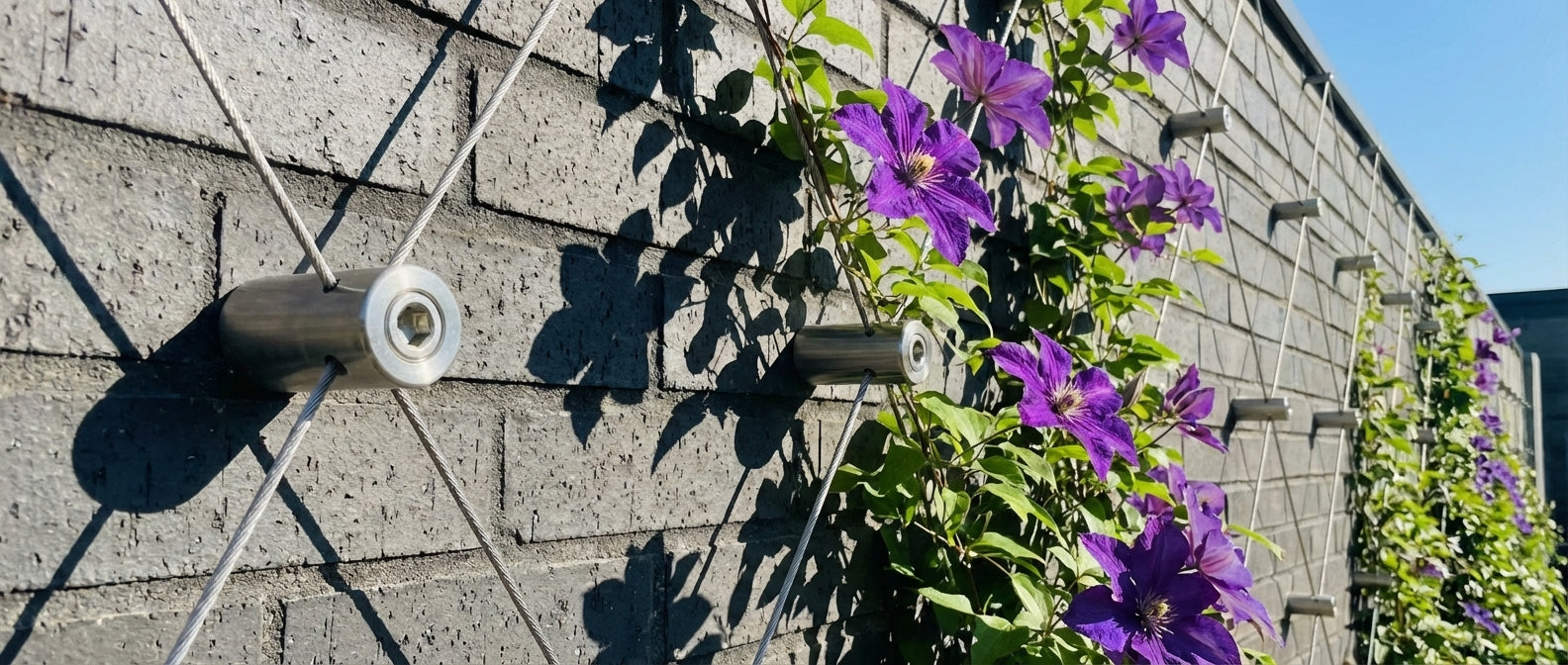 Close-up of a cylindrical stainless steel wall standoff hub with a hex key socket, securing crossed wire cables on a grey brick wall. The diamond trellis supports vibrant purple clematis vines climbing upwards.