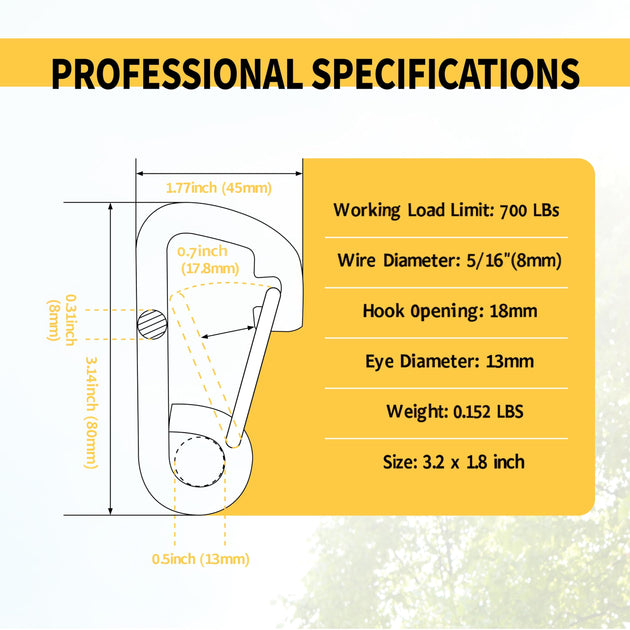 Professional specifications chart detailing the exact dimensions, eyelet diameter, and gate opening for the heavy-duty stainless steel rigging snap hook.