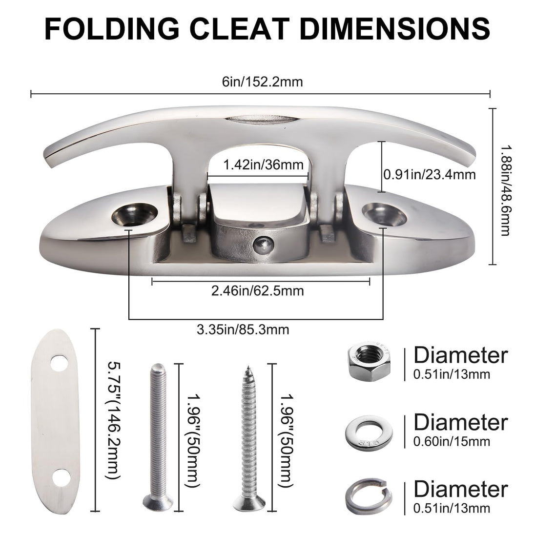 Technical dimension chart providing exact length, width, and hole spacing measurements for the stainless steel flip-up folding boat cleat.