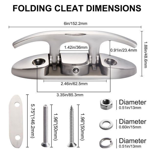 Technical dimension chart providing exact length, width, and hole spacing measurements for the stainless steel flip-up folding boat cleat.