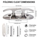 Technical dimension chart providing exact length, width, and hole spacing measurements for the stainless steel flip-up folding boat cleat.