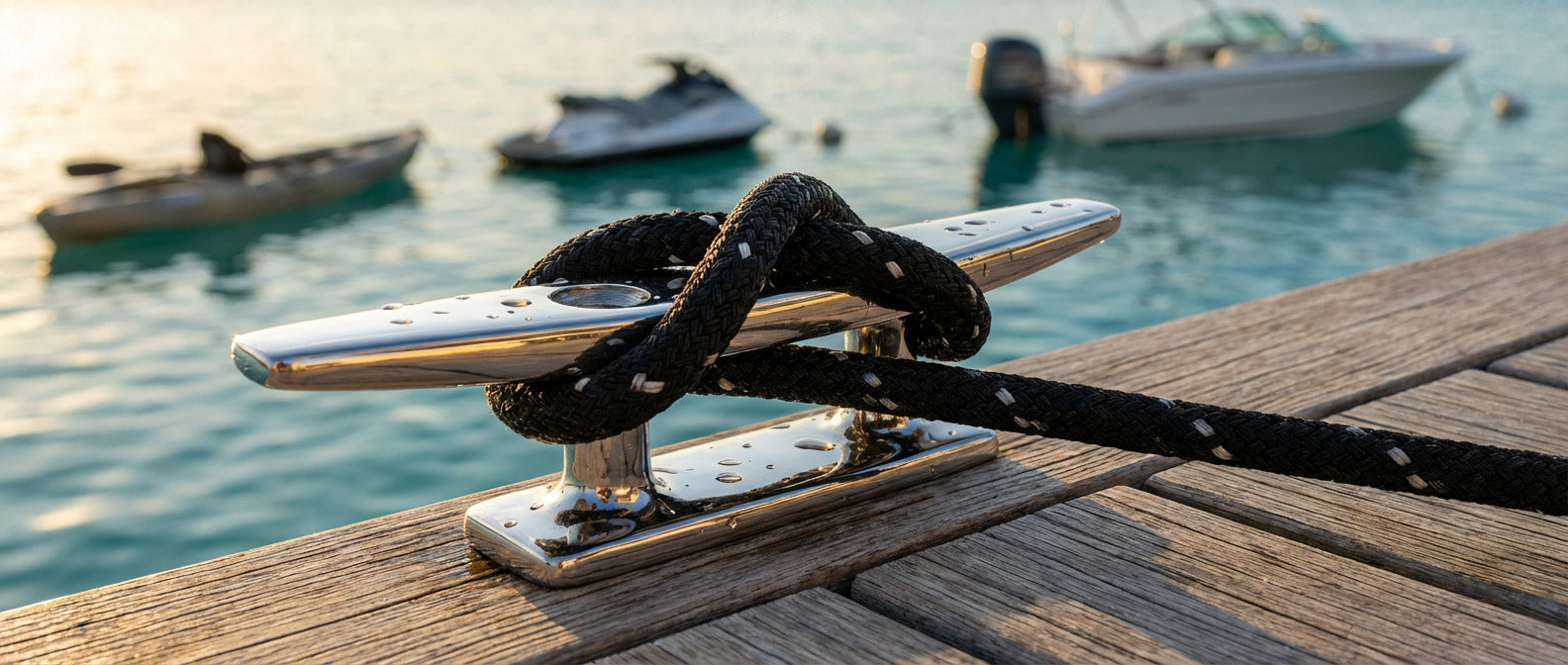 Close-up of a highly polished marine-grade stainless steel open base dock cleat mounted on a wooden pier. A black braided mooring rope is securely tied around the rust-resistant hardware, covered in water droplets with a calm marina in the background.