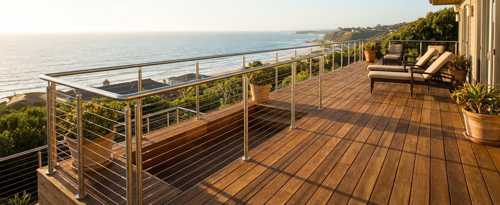 A luxurious outdoor wood deck at sunset featuring a complete stainless steel cable railing system. The round metal posts and matching top rail, combined with horizontal wire cables, offer an unobstructed and breathtaking view of the ocean coastline.