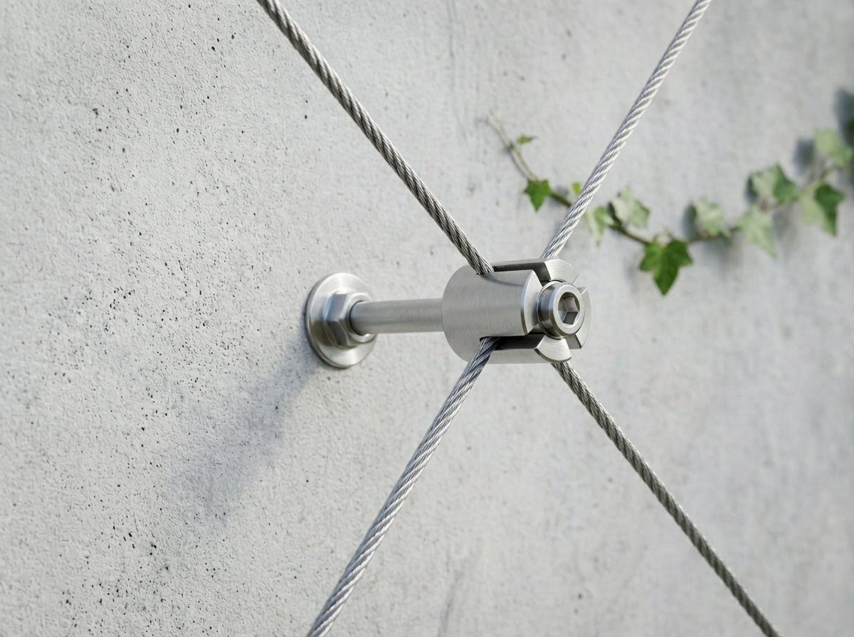 Extreme close-up of a brushed stainless steel wall standoff for a cable trellis system. The hardware features a slotted cross hub and a hex screw securely clamping two intersecting wire cables against a light concrete wall. A small ivy leaf is in the background.