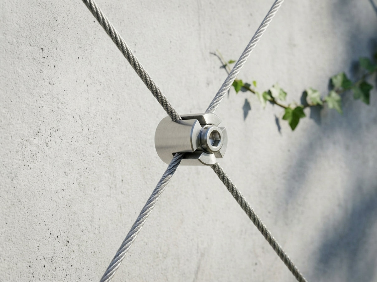 Extreme macro close-up of a brushed stainless steel wire rope cross clip. The precision-machined slotted hub and central hex screw securely lock two intersecting cables in an 'X' formation against a concrete backdrop.