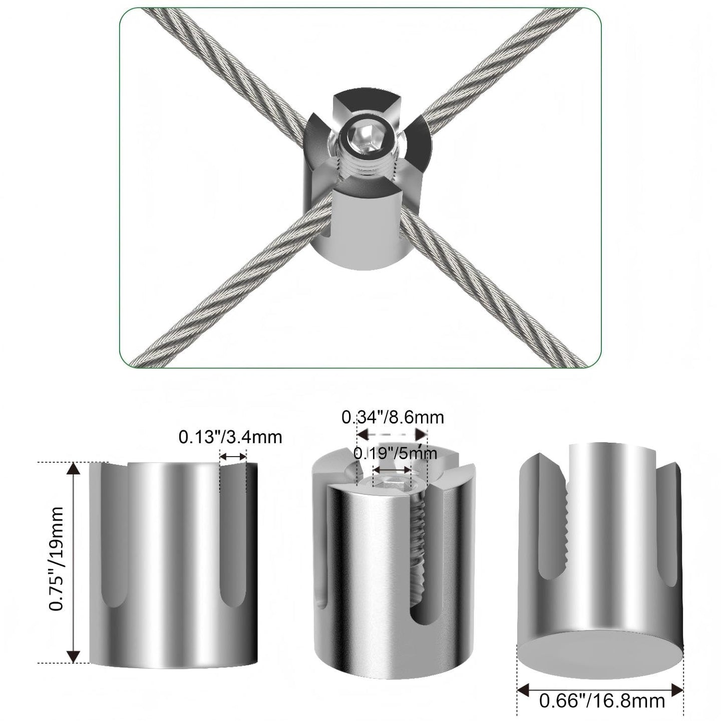 Engineering blueprint showing the precise internal and external specifications of the stainless steel trellis cross hub fitting.