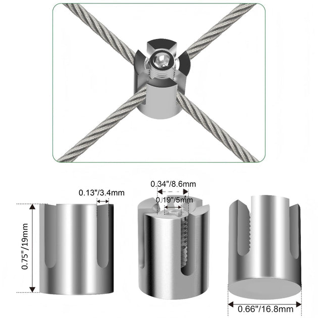 Engineering blueprint showing the precise internal and external specifications of the stainless steel trellis cross hub fitting.