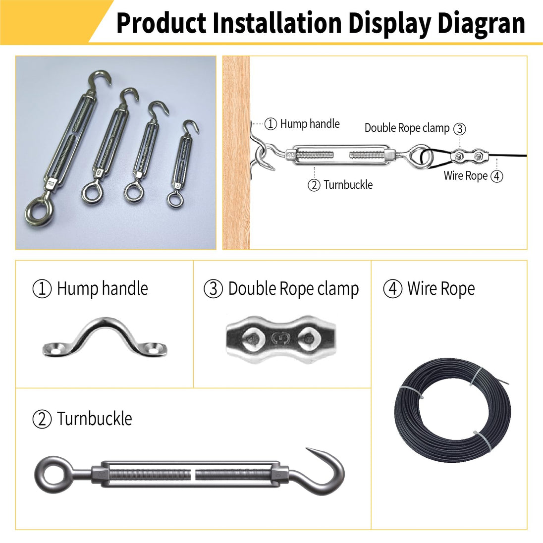 Stainless steel wire tensioner hardware set for string lights and cables