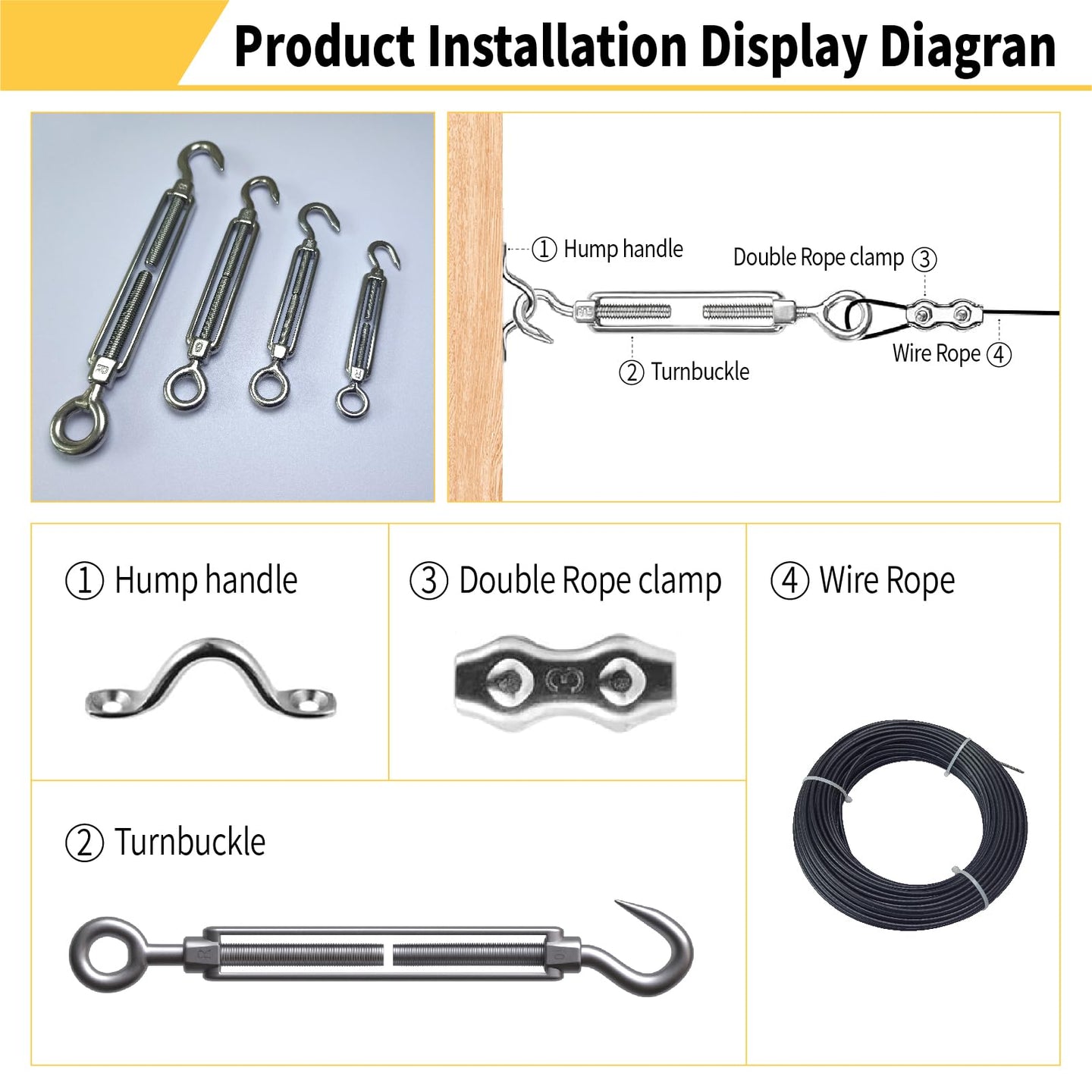Stainless steel wire tensioner hardware set for string lights and cables