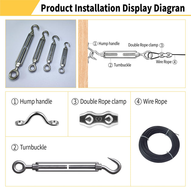 Stainless steel wire tensioner hardware set for string lights and cables