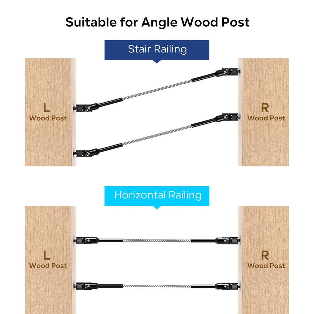 RiaYer adjustable kit suitable for both angled stair railing and flat horizontal wood post railing.